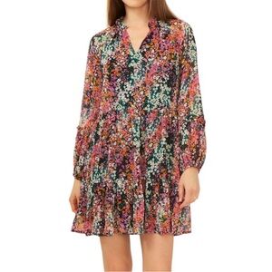 Vince Camuto Tiered Floral Split Neck Ruffle Trim Black Mini Dress S
